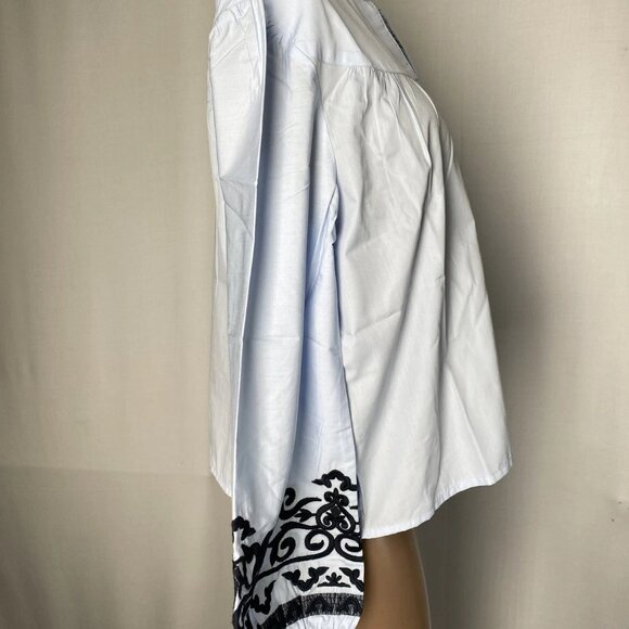NEW CHAKERIS Shirt Light Blue Size S Caroline Embroidered Sleeve Top V-Neck - Picture 3 of 10